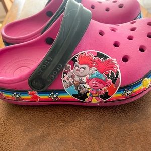 Junior size 2 kids Crocs. Pink Trolls 2 themed.